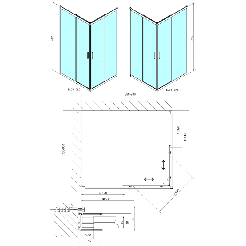 EASY BLACK obdélníková sprchová zástěna 900x800mm, čiré sklo EL5315B
