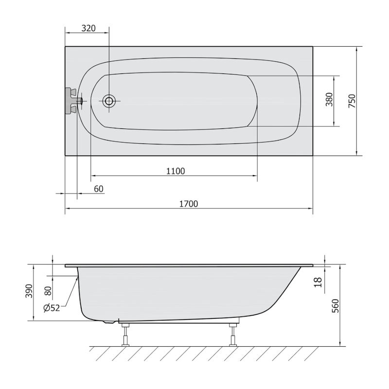 EBRO SLIM obdélníková vana 170x75x39cm, bílá 26711S