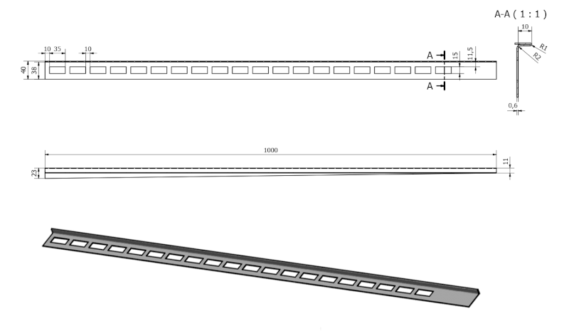 Spádová lišta, levá, výška 10mm, délka 1000mm, černá mat SPD10B-L