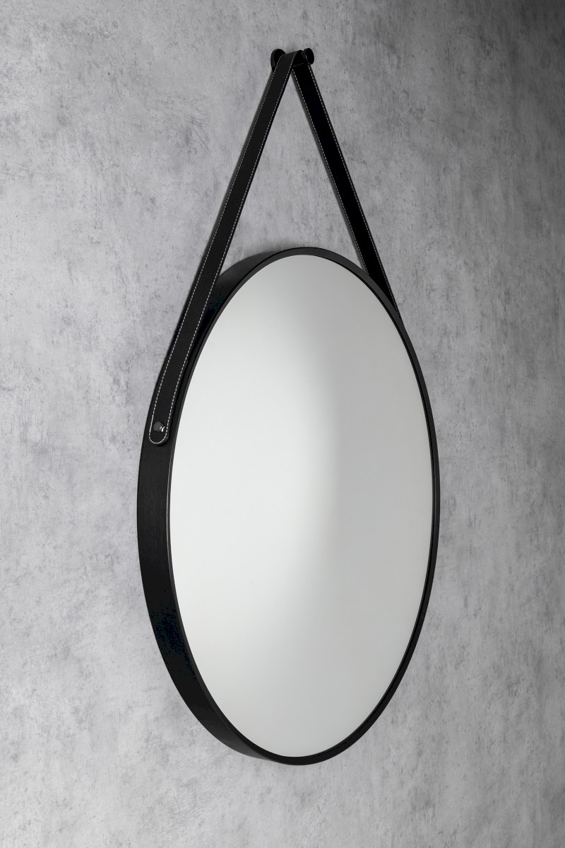STAGO kulaté zrcadlo ø 60cm, kožený pásek, černá mat SG065