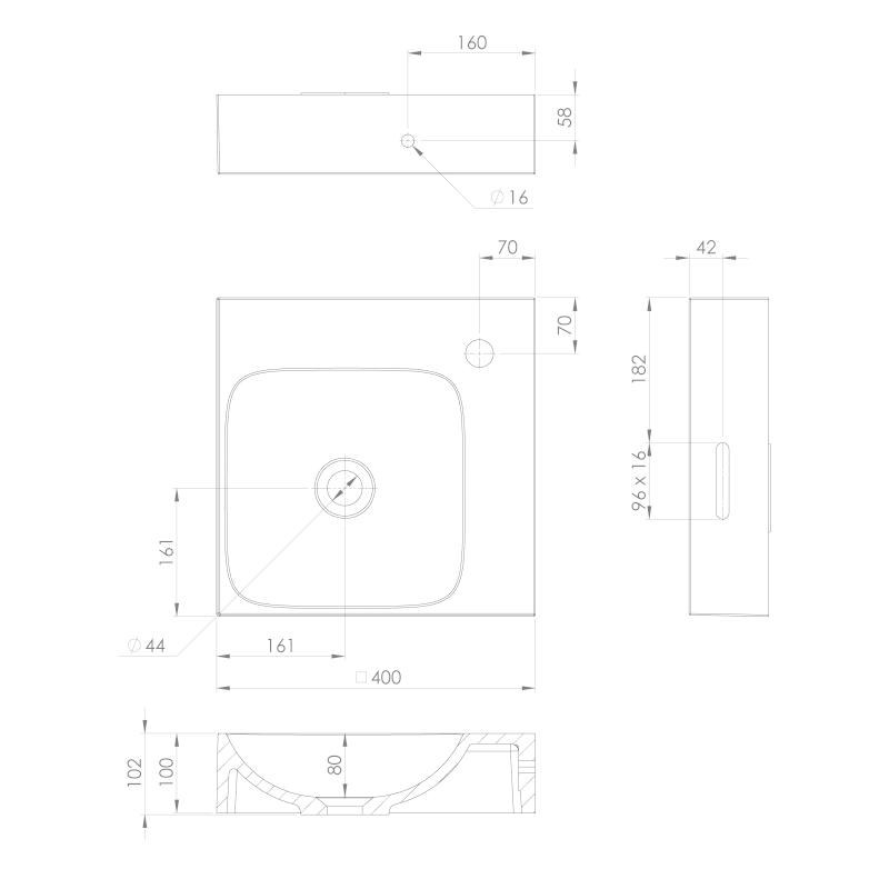 EMONA umyvadlo rohové, litý mramor, 40x40cm, bílá EN040R