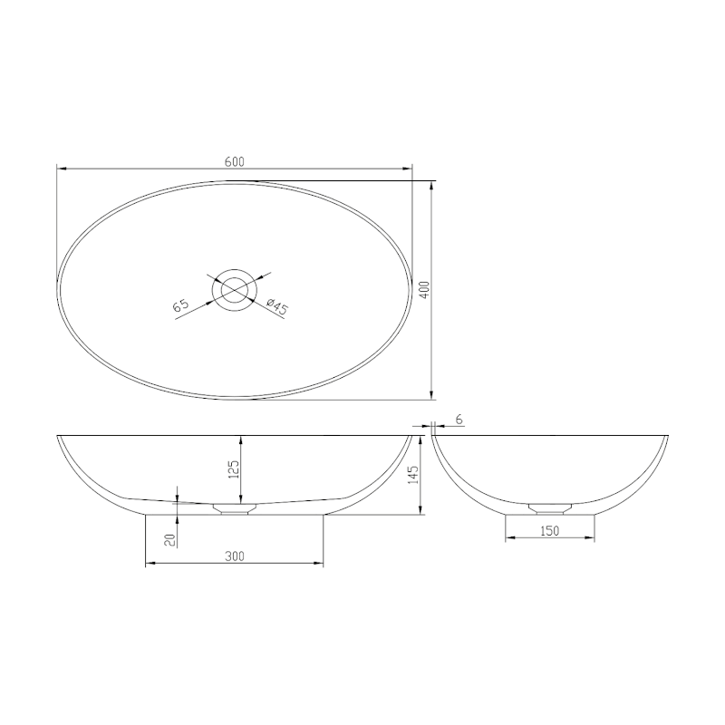 BANERA OVAL umyvadlo na desku, litý mramor, 60x40cm, antracit mat 14397.51
