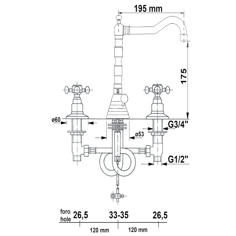 ANTEA tříprvková umyvadlová baterie s retro hubicí, s výpustí, chrom 3221