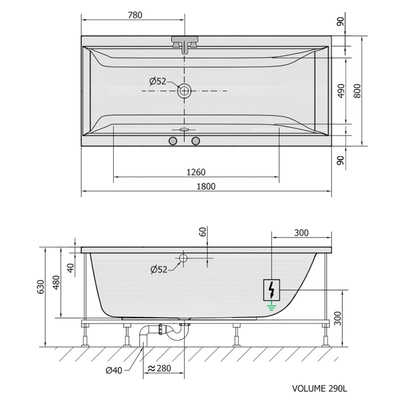 CLEO hydromasážní vana, 180x80x48cm, Active Hydro-Air, chrom 95611.2010