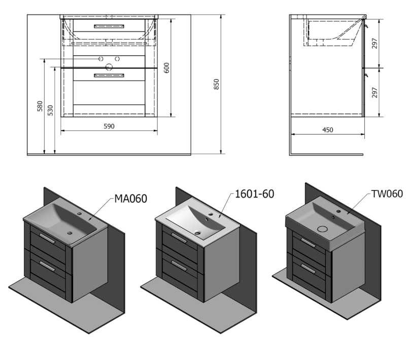 AMIA umyvadlová skříňka 59x60x45cm, dub Collingwood AM060-1919