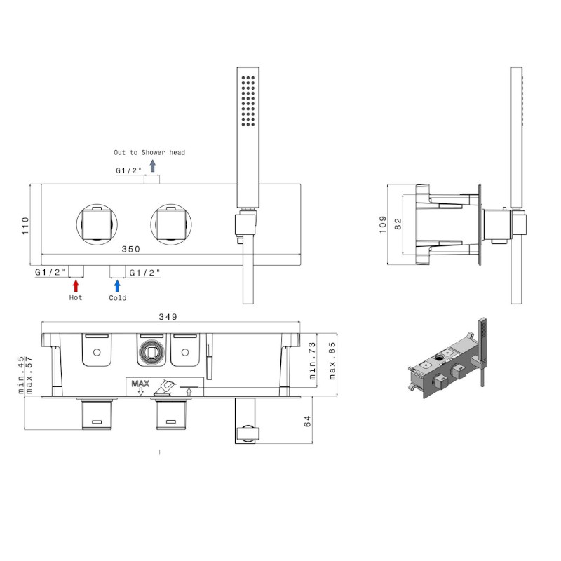 DIMY podomítková sprchová/vanová termostatická baterie s ruční sprchou, 2 výstupy,chrom DM493