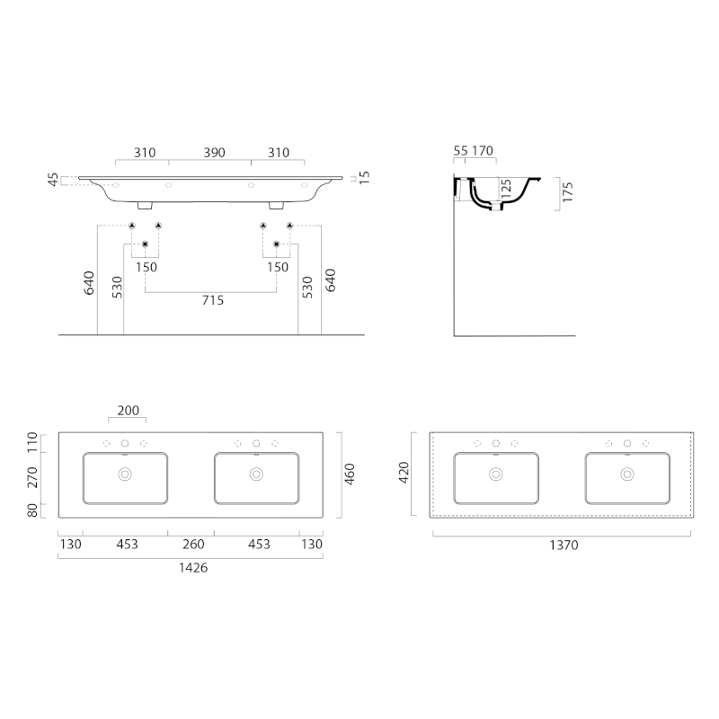 PURA keramické dvojumyvadlo Slim 142x46cm, bez otvoru, bílá ExtraGlaze 8889011