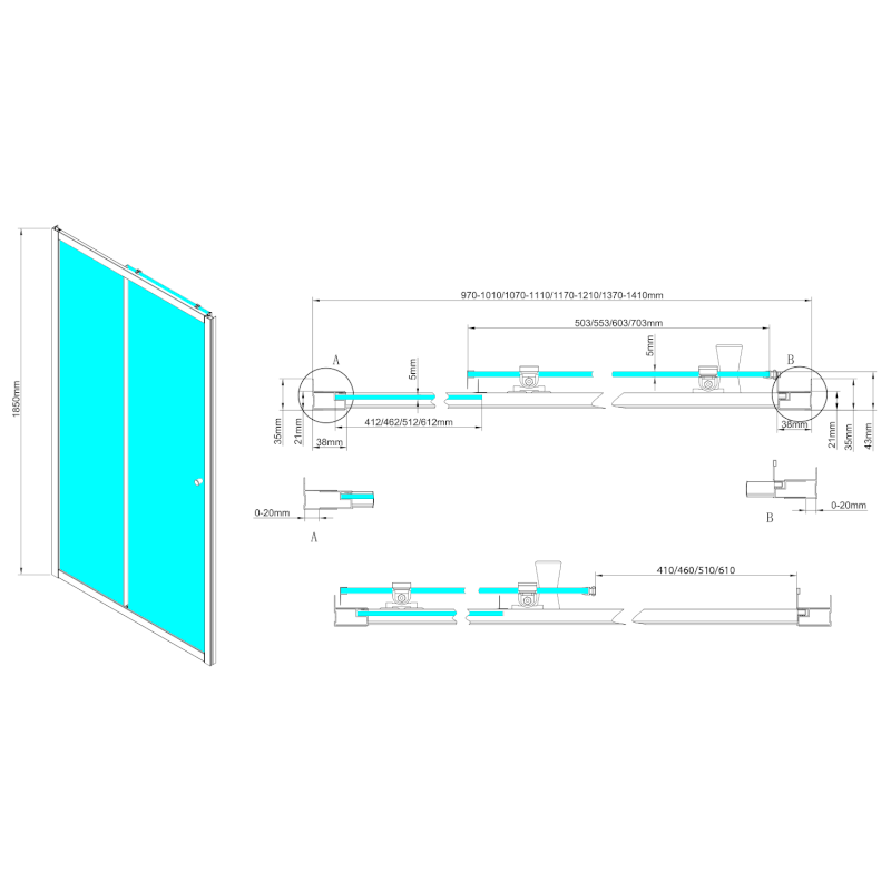 UGGA posuvné sprchové dveře 1000mm, čiré sklo ATS100