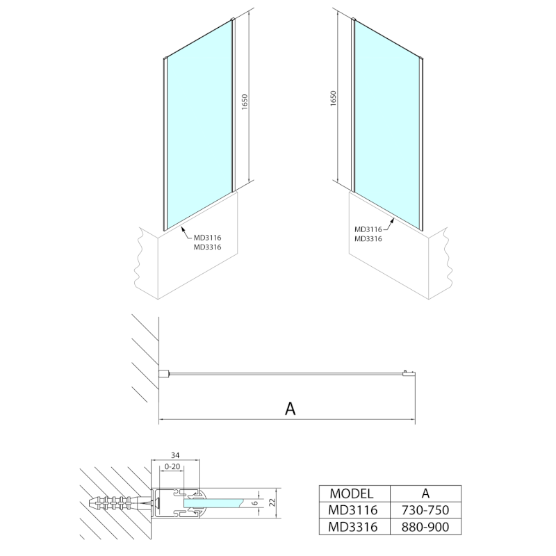 DEEP boční stěna 900x1650mm, čiré sklo MD3316