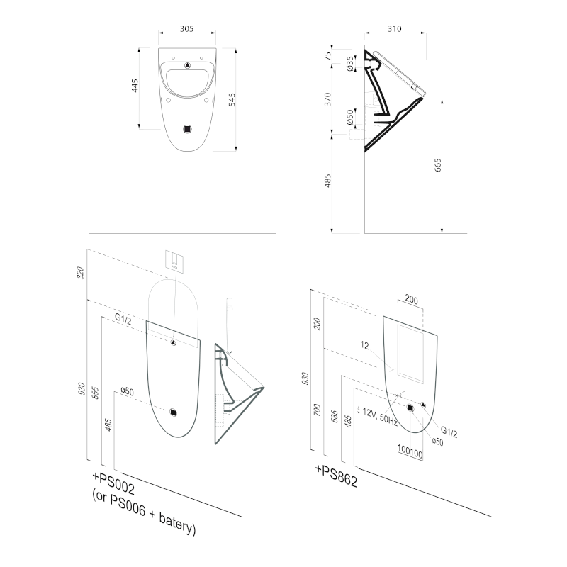 COMMUNITY urinál se zakrytým přívodem vody s otvory pro víko 31x54,5cm, cenere mat 769617