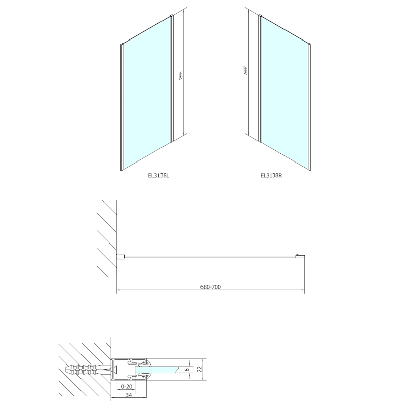 EASY boční stěna 700mm, sklo BRICK EL3138