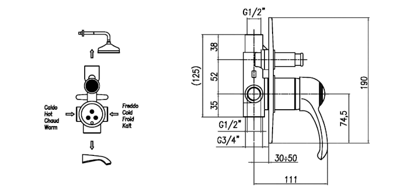 KIRKÉ podomítková sprchová baterie, 2 výstupy, zlato KI42Z