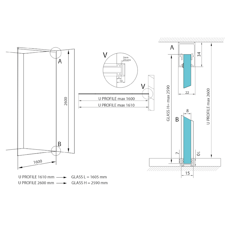 ARCHITEX sada pro neviditelné uchycení skla, podlaha-stěna-strop, 1610x2600mm, černá mat AL2616B