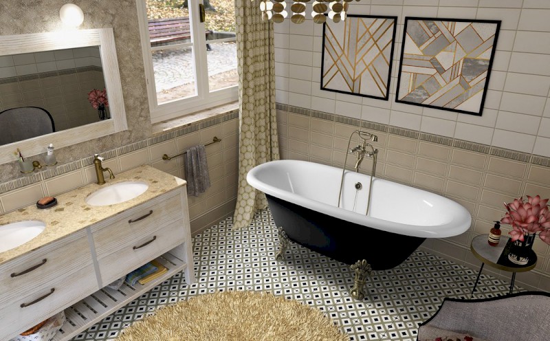 REGATA volně stojící vana 175x85x61cm, nohy bronz, černá/bílá 10271