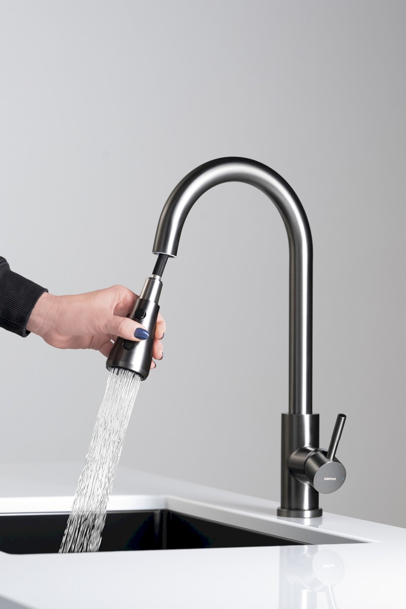 MIKELA stojánková dřezová baterie s výsuvnou sprškou, gun metal 1106-30GM