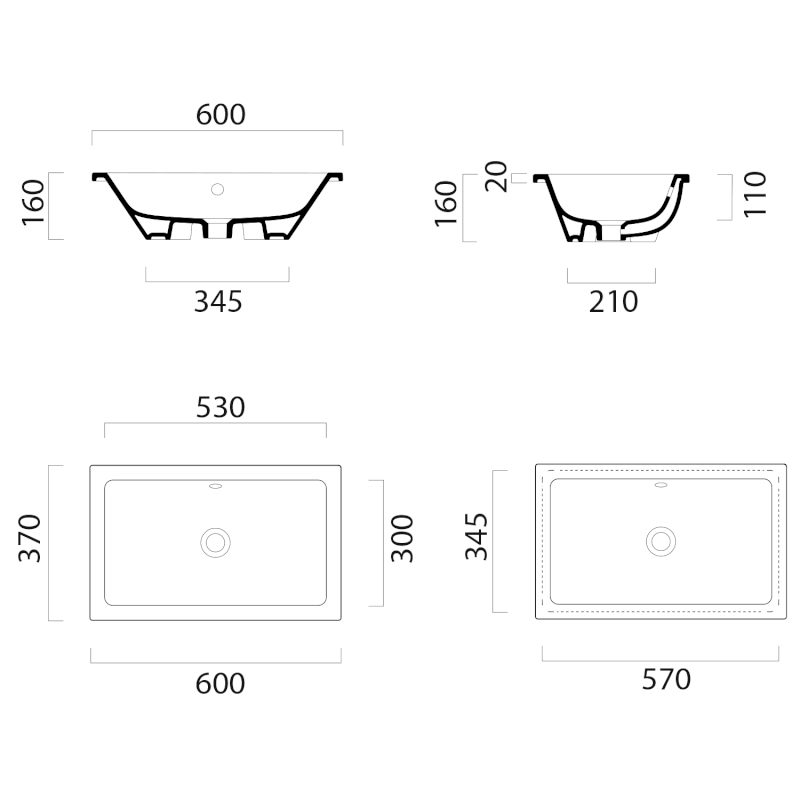 KUBE X keramické umyvadlo pod desku 60x37cm, bílá ExtraGlaze 895311
