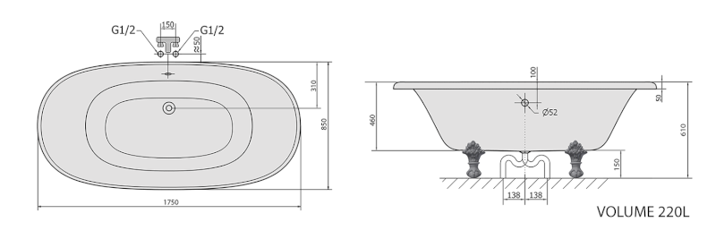 REGATA volně stojící vana 175x85x61cm, nohy chrom mat, bílá 10231