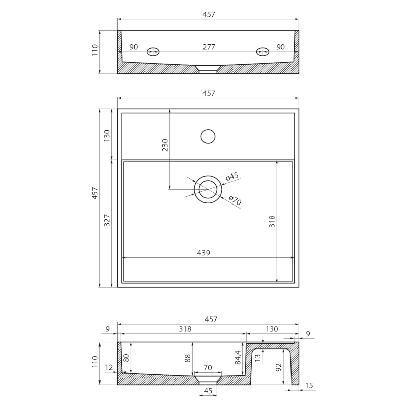 QUADRADO betonové umyvadlo včetně výpusti, 46x46cm, bílý pískovec AR469