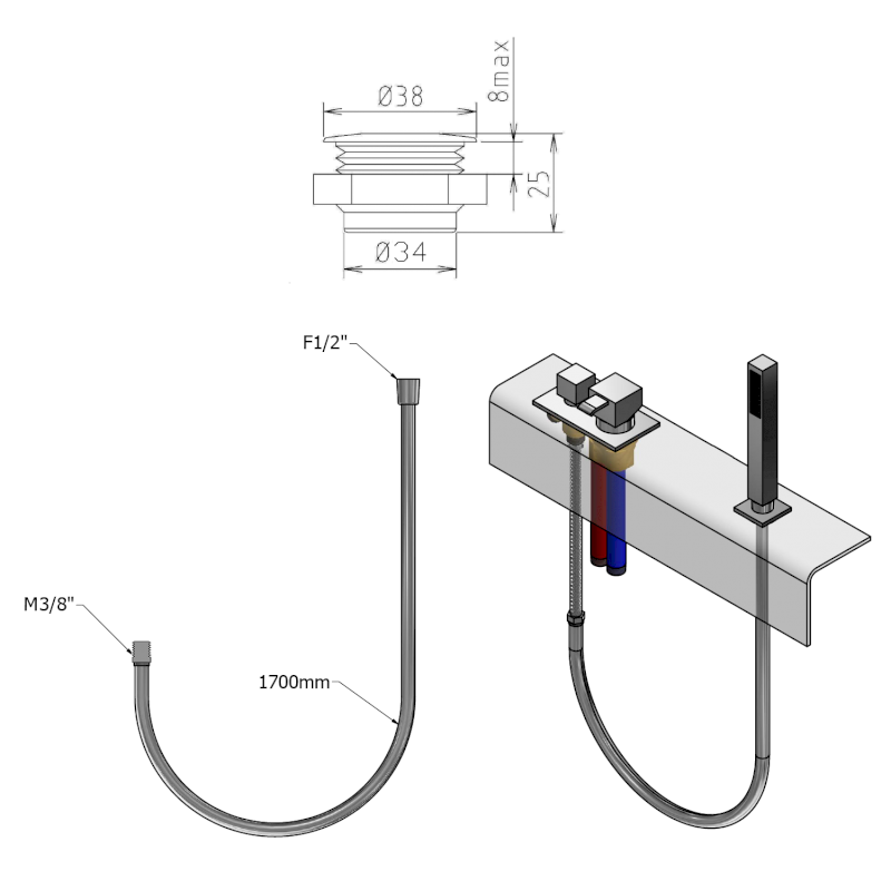 Sprchová průchodka na okraj vany včetně hadice F1/2