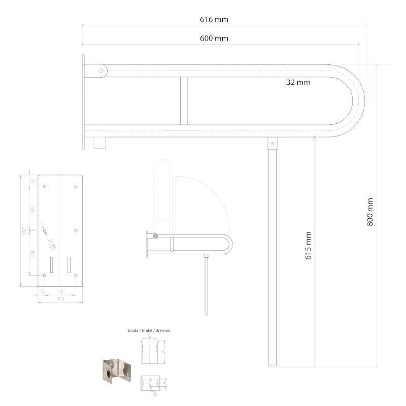 HANDICAP madlo sklopné s opěrnou nohou 600mm, bílá XH521W