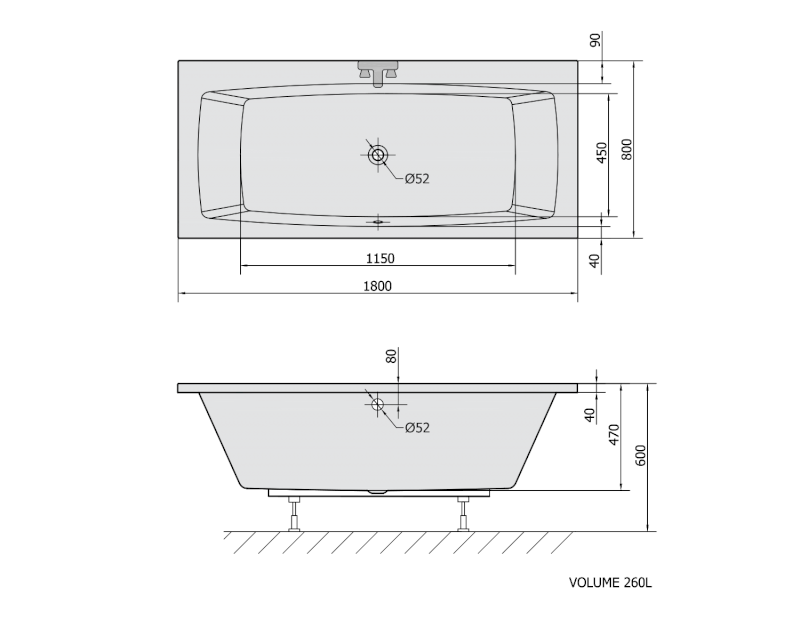 KVADRA obdélníková vana s konstrukcí 180x80x47cm, bílá 17711