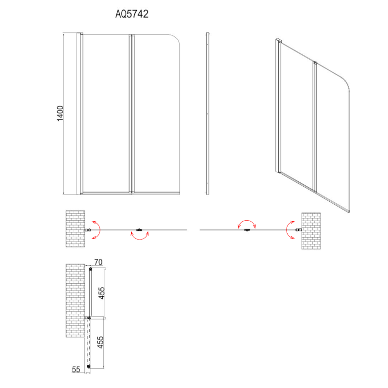 WILA vanová zástěna 900x1400mm skládací, černá, čiré sklo AQ5742B