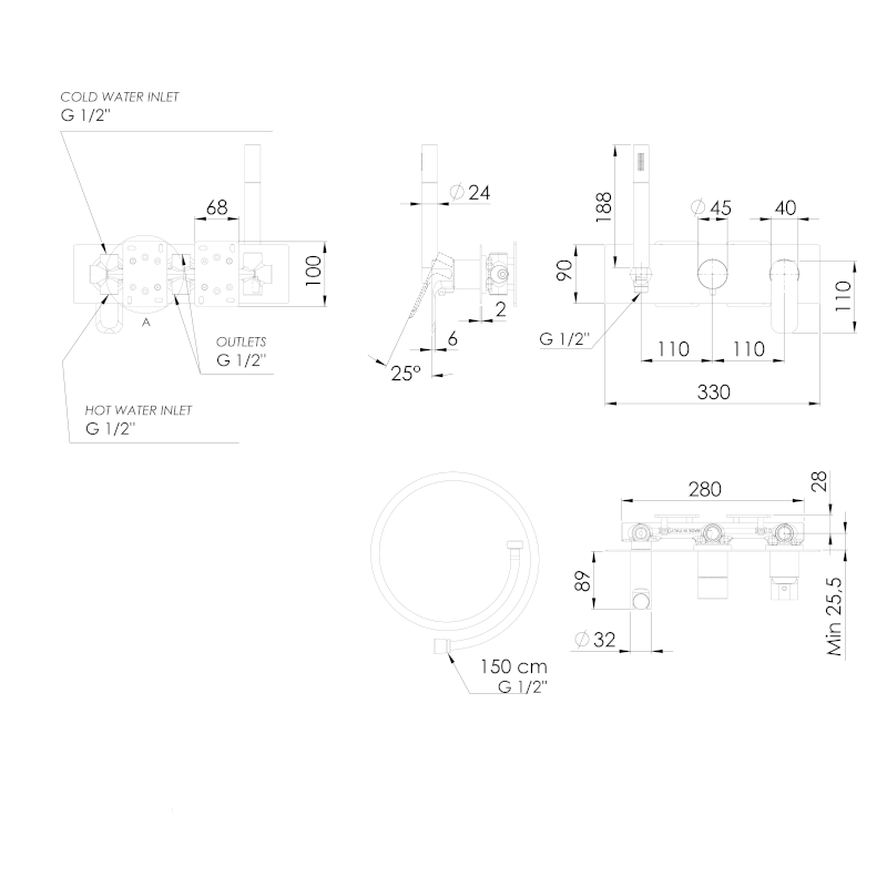 SPY podomítková sprchová/vanová baterie s ruční sprchou, 3 výstupy, chrom PY53