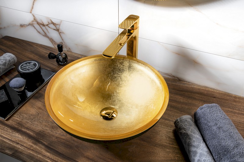 MURANO BLACK-GOLD skleněné umyvadlo na desku, průměr 40cm, černá/zlatá AL5318-77