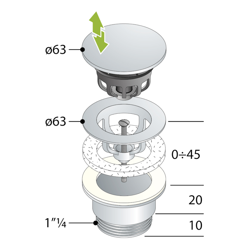 Umyvadlová výpust 5/4“, click-clack, velká zátka, 10-45mm, černá mat 7532.310.5X