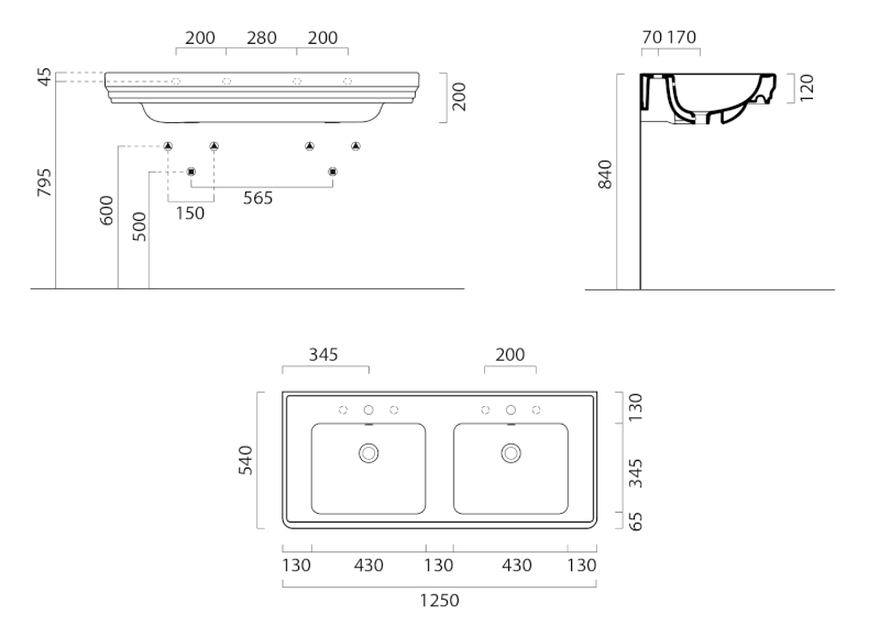 CLASSIC keramické dvojumyvadlo 125x54 cm, bílá ExtraGlaze 8725111
