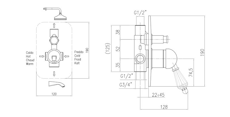 KIRKÉ CRYSTAL podomítková sprchová baterie, 2 výstupy, páčka krystal, zlato KI42KZ