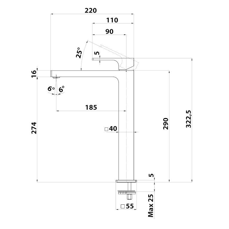FORATA  stojánková umyvadlová baterie vysoká, prodloužená hubice, chrom FT007
