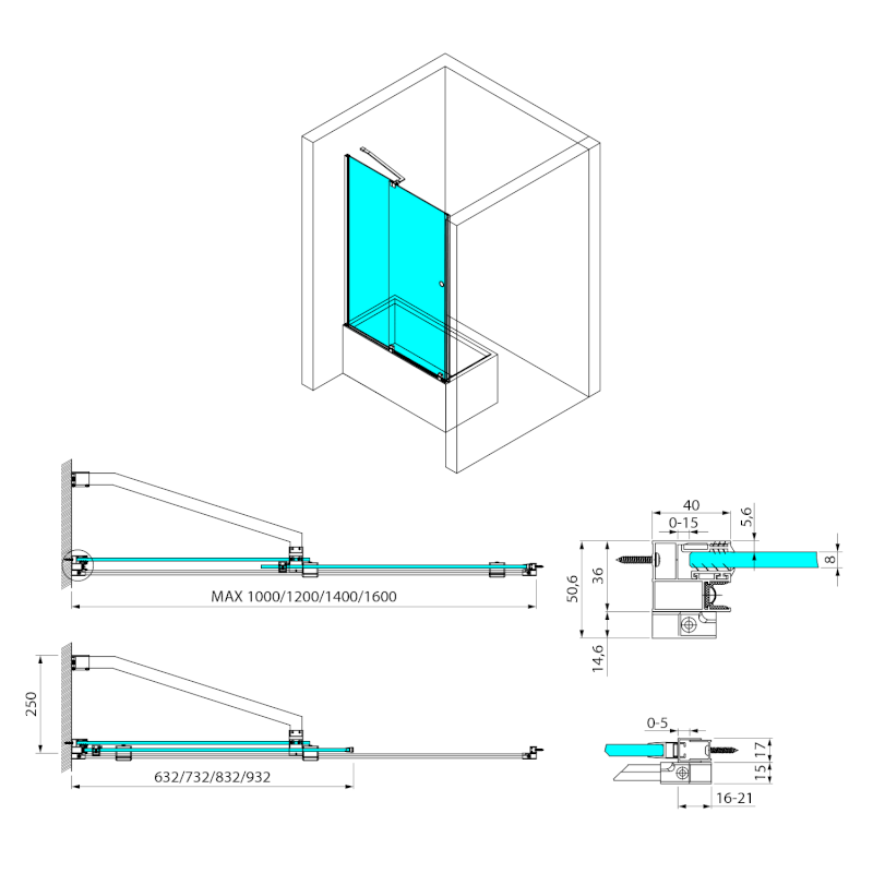 ROLLS BLACK vanová zástěna 1200x1500mm, čiré sklo BS-R120B