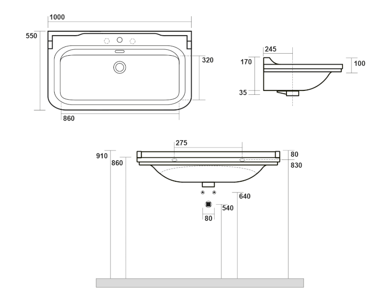 WALDORF keramické umyvadlo 100x55cm, 3 otvory, bílá 4142K1-3