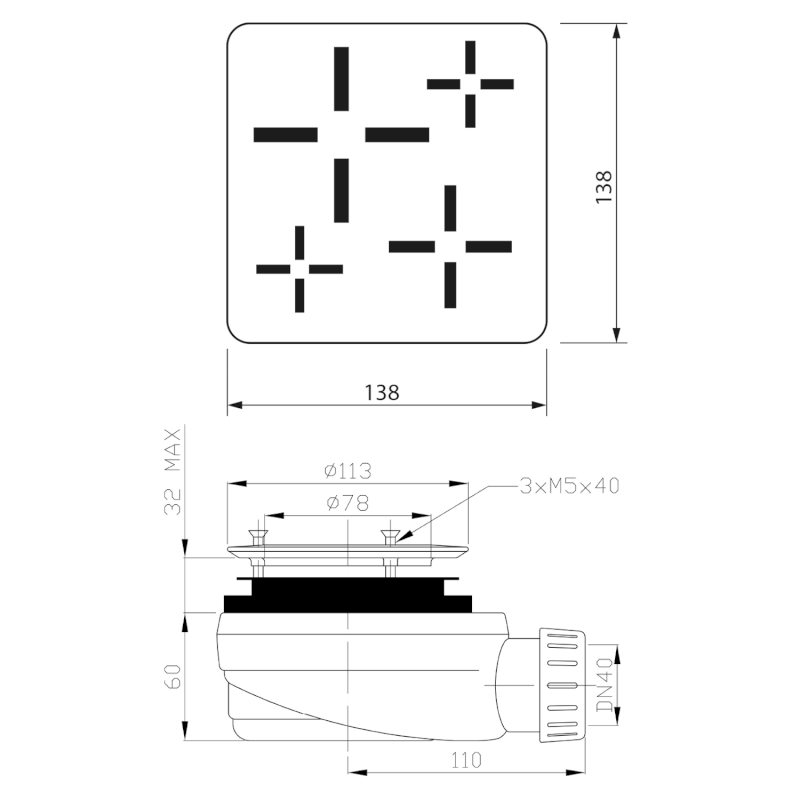 Vaničkový sifon, průměr otvoru 90 mm, DN40, krytka chrom KSM107CH-SN90