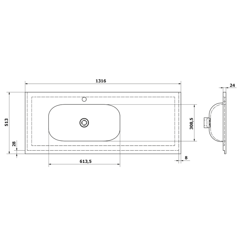 TREOS umyvadlo 131,6x51,3 cm (110+20), rockstone, levé, bílá mat TS132-0101-L