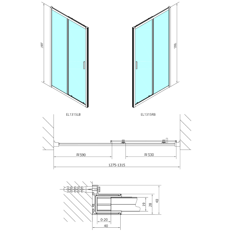 EASY BLACK sprchové dveře 1300mm, čiré sklo EL1315B