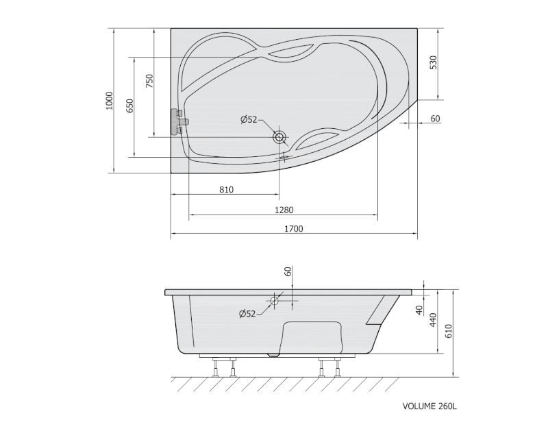 MAMBA L asymetrická vana 170x100x44cm, bílá 76111