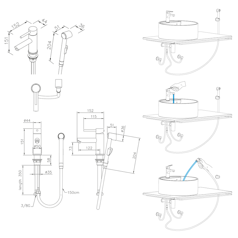 RHAPSODY stojánková umyvadlová baterie s bidetovou sprchou, chrom 1209-09