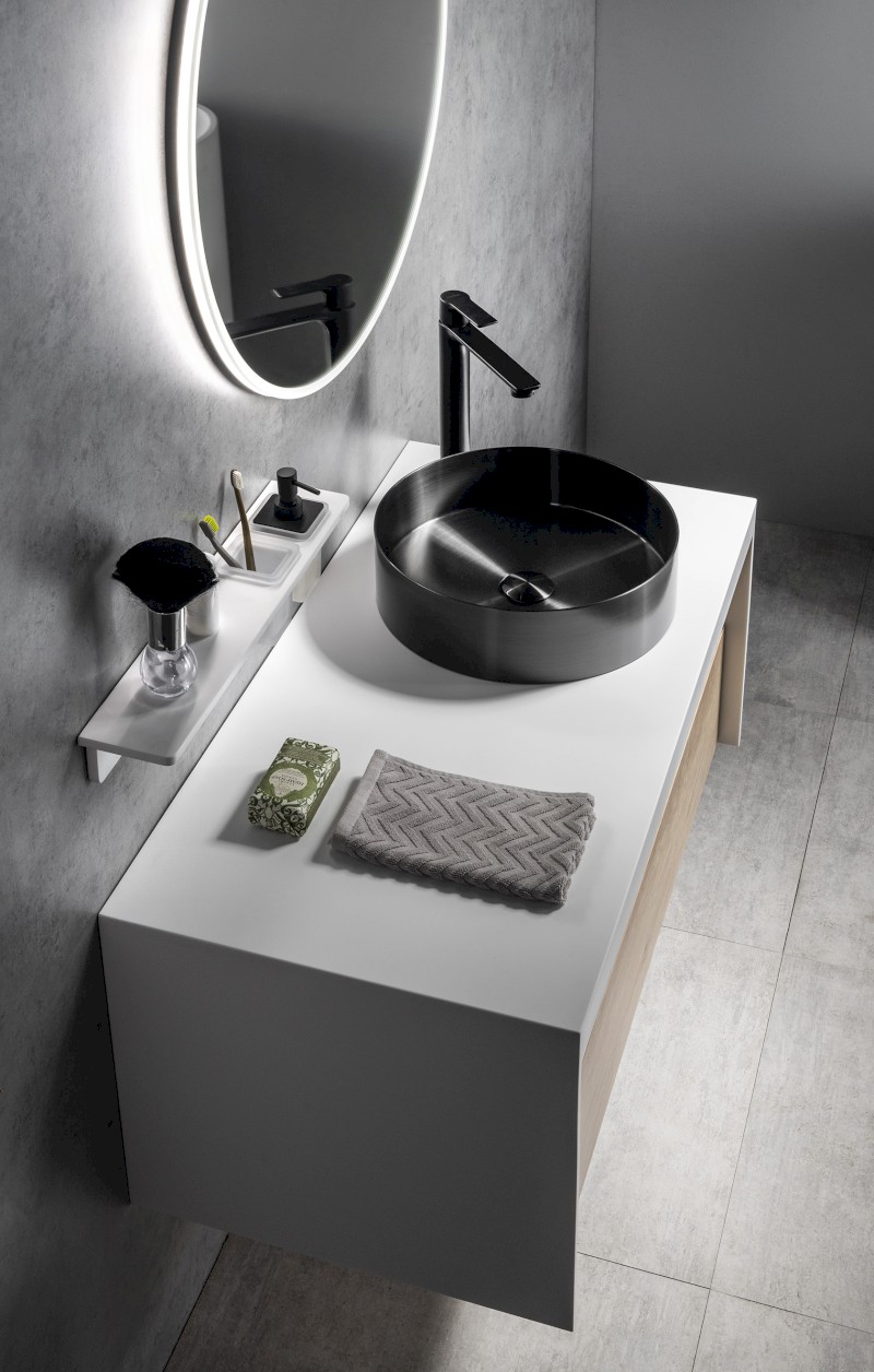 AURUM nerezové umyvadlo na desku, průměr 38cm, včetně výpusti, gun metal AU101