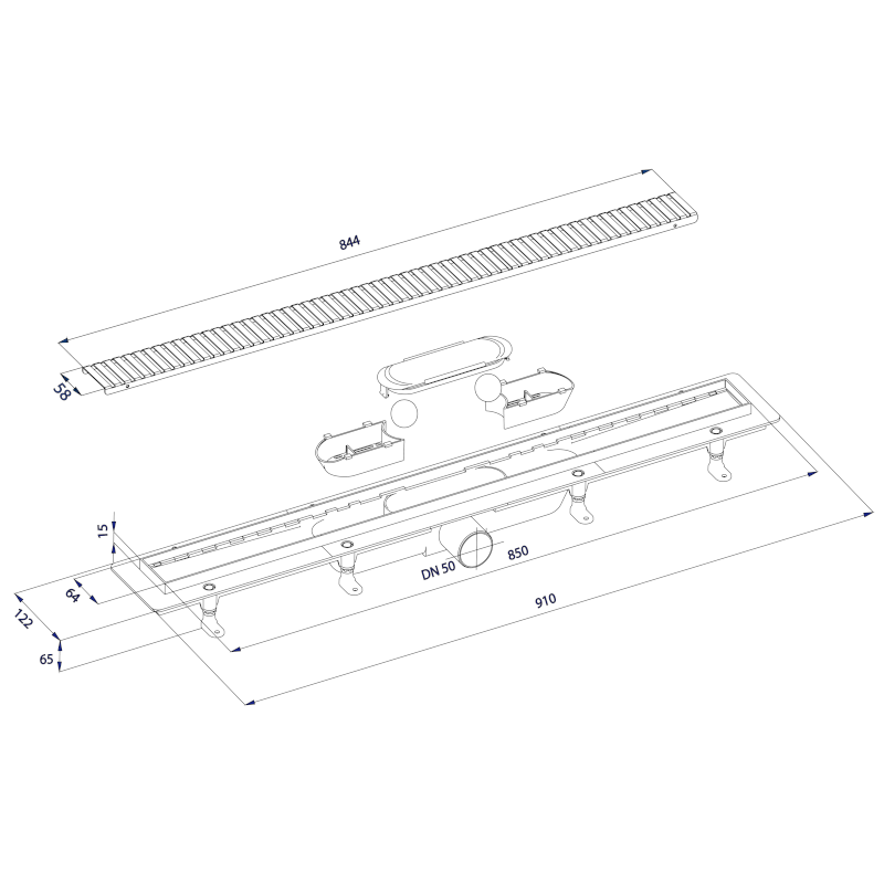 Podlahový žlab s nerezovým roštem, L-910, DN50 700.159.2