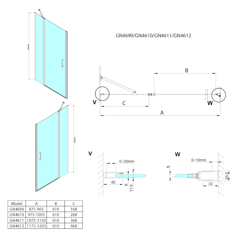 LORO sprchové dveře s pevnou částí 1100mm, čiré sklo GN4611