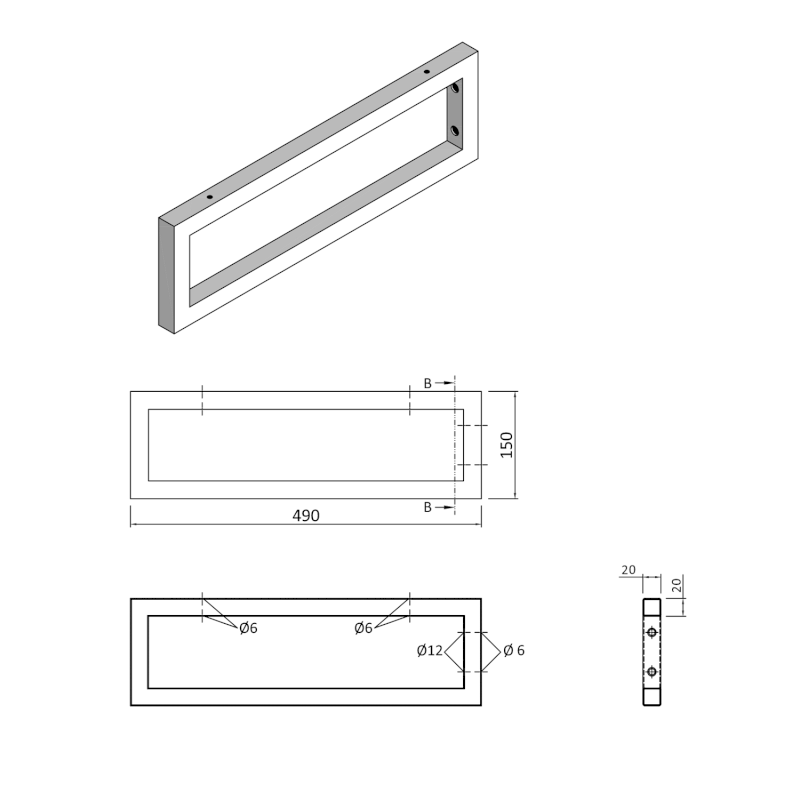Podpěrná konzole 490x150x20mm, lakovaná ocel, černá mat, 1 ks 30360