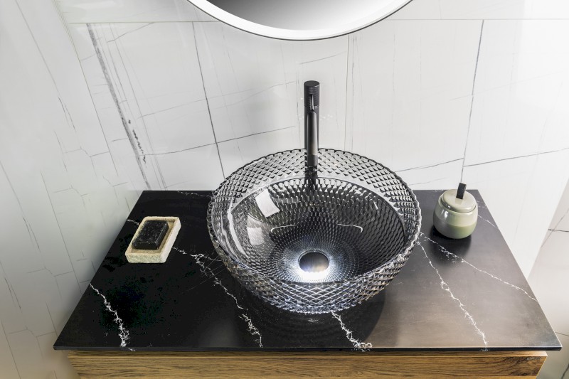 MARAC skleněné gravírované umyvadlo na desku Ø 39,5cm, černá TY310