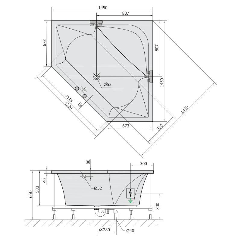 FLOSS hydromasážní vana, 145x145x50cm, Attraction Hydro-Air, chrom 98611.4010