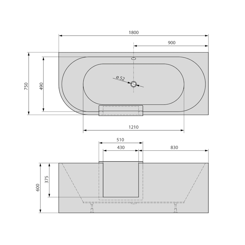 PORTAS R asymetrická vana s dvířky, 180x75x60cm, bílá 75561