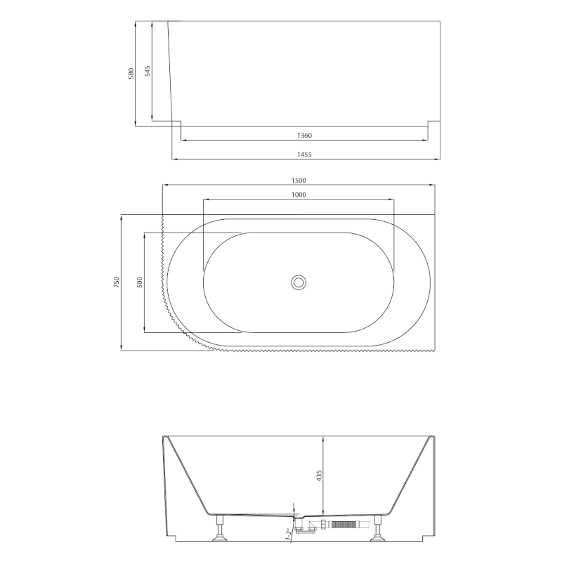 TIBERA STRIP R rohová stojící vana, 150x75cm, bílá E1037G