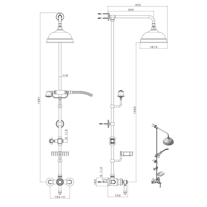 VIENNA sprchový sloup s pákovou baterií, mýdlenka, 1291mm, bronz VO138BR