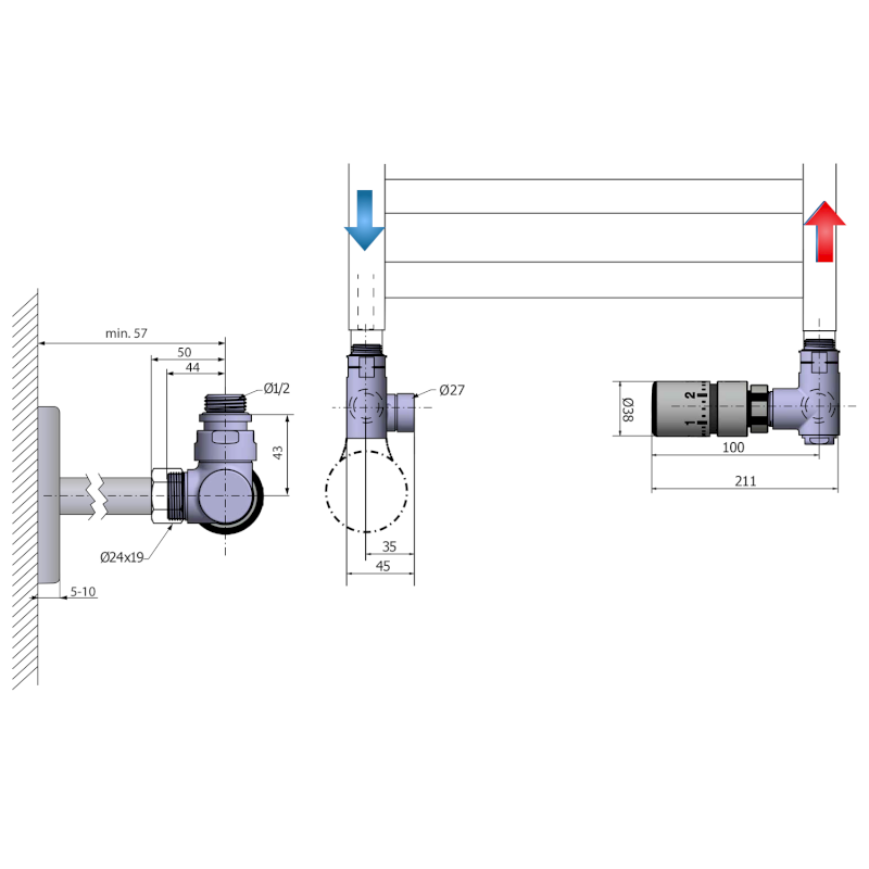 CORNER COMBI připojovací sada ventilů termostatická triaxiální, pravé provedení, chrom CP3022S