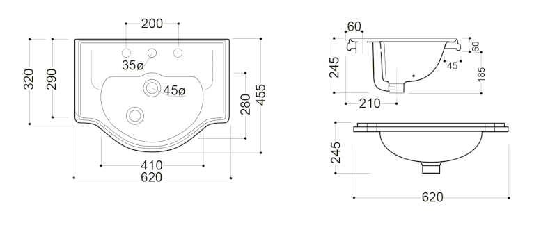 RETRO keramické umyvadlo zápustné, 62x45,5cm, černá mat 103031
